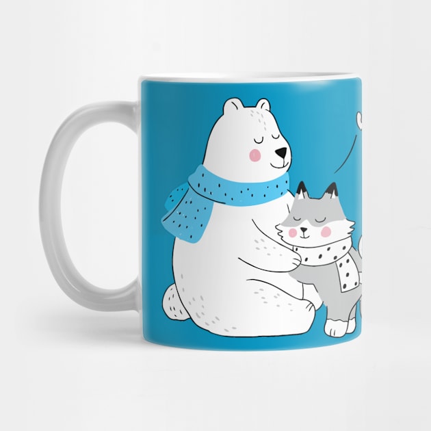 Winter polar bear hugging littles animals by Mako Design 